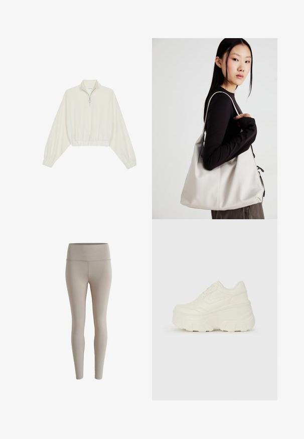 Kreemfarbenest lühikese varrukaga kudum, millel on kõrge kaelus, pool tõmblukk, elastne allosa ja varrukad, sile tekstuur ja minimaalne disain.; Bežid legginsid, mis on valmistatud venivast kangast, kõrge vöökoha ja sujuva tekstuuriga, ilma nähtavate mustrite või riistvaradeta.; Valged platvormi tõusukingad, millel on siledast nahast meenutav pealis, ümar kuju, pehmendatud kaelus ja tekstureeritud kummitald koos selgete hüdrofoobsete mustritega.; Bež käekott pehme materjali, millel on lõtv disain, õmblustega detailid ja kaks õlarihma. Sobib igapäevaseks kasutamiseks.