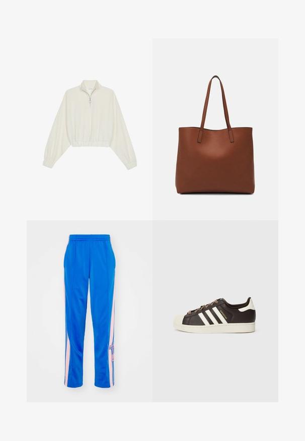Kreptais pusītes džemperis krēmkrāsā, ar augstu apkakli, puszipa aizdari, elastīgu apakšmalu un aprocēm, ar gludu tekstūru un minimālistisku dizainu.; Zilās sporta bikses ar rozā sānu svītrām. Elastīga josta un logo uzlīme kreisajā kājā. Gluda, viegla auduma struktūra un brīva piegriezuma stils.; Zema tipa Adidas Superstar sporta apavu tumši brūnā āda ar krēmkrāsas purngalu, baltām svītrām un uzrakstu „Superstar” sānos.; Brūna ādas iepirkumu soma ar gludu tekstūru, atvērta augšdaļa un divas plecu siksnas. Izceļas ar minimālām šuvēm un redzamu aparatūru nav.