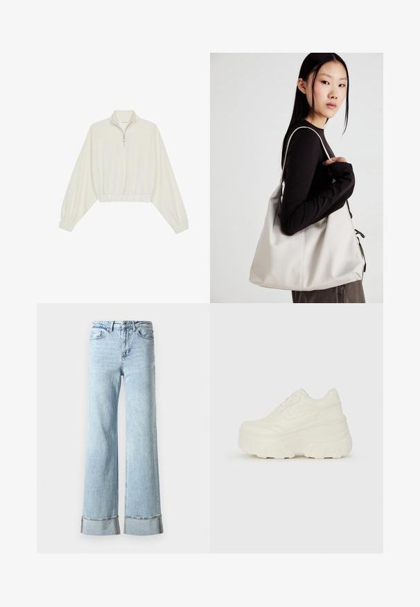 Kort genser i kremfarget stoff, med høy krage, halv glidelås, elastisk nederste kant og mansjetter, med en glatt tekstur og minimalistisk design.; Lyseblå denimjeans med vide ben, frynsete hems og dekorative rhinestones detaljer ved bunnene. Standard fem-lomme design.; Hvite plattformsnickers med en glatt læraktig overdel, avrundet form, polstret krage og teksturert gummisåle med tydelige dekk.; Beige håndveske laget av mykt materiale, med en slapp design, sydd detaljer og to skulderstropper. Passer for daglig bruk.