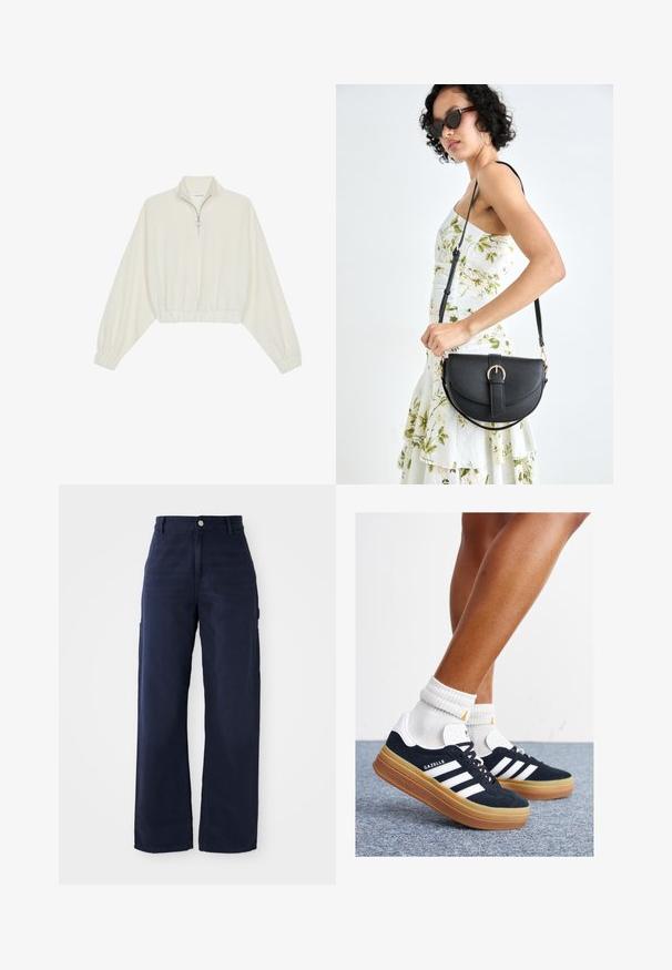 Cropped pullover in cream fabric, featuring a high collar, half-zip closure, elasticated hem and cuffs, with a smooth texture and minimal design.; Navy blue wide-leg cargo pants with a sturdy cotton fabric, featuring side pockets and a button closure at the waist.; Black suede sneakers with white stripes and accents, rounded toe, gum rubber outsole, paired with white ribbed crew socks.; Black leather handbag with a curved shape, detachable strap, and gold hardware. The bag features a flap with a buckle detail.