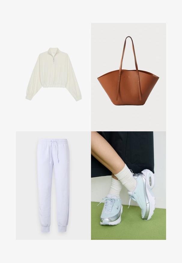 Kreptais pusītes džemperis krēmkrāsā, ar augstu apkakli, puszipa aizdari, elastīgu apakšmalu un aprocēm, ar gludu tekstūru un minimālistisku dizainu.; Gaiši violetas sporta bikses, kas izgatavotas no kokvilnas maisījuma, ar elastīgu jostu un auklu, ar apšuvēm uz potītēm un mazu Nike logo.; Gaiši zili sporta apavi ar sudraba akcentiem, teksturēts augšējais pārklājums, mīksts zole un redzama gaisa vienība. Apvienoti ar baltām ribotām zeķēm.; Brūna ādas somiņa ar plašu, strukturētu formu, plānām rokturēm un teksturētu virsmu. Iespējo minimālistisku dizainu bez redzamiem aksesuāriem.