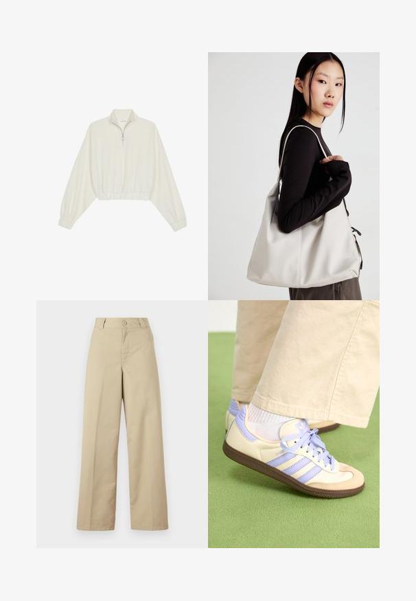 Cropped pullover in cream fabric, featuring a high collar, half-zip closure, elasticated hem and cuffs, with a smooth texture and minimal design.; Beige wide-leg trousers made of cotton, featuring a button closure, belt loops, and a flat front with minimal detailing.; Cream and lavender sneakers with three stripes and a textured brown sole, featuring laces and a padded heel. Soft fabric upper.; Beige handbag made of soft material, featuring a slouchy design, stitched detailing, and two shoulder straps. Suitable for everyday use.