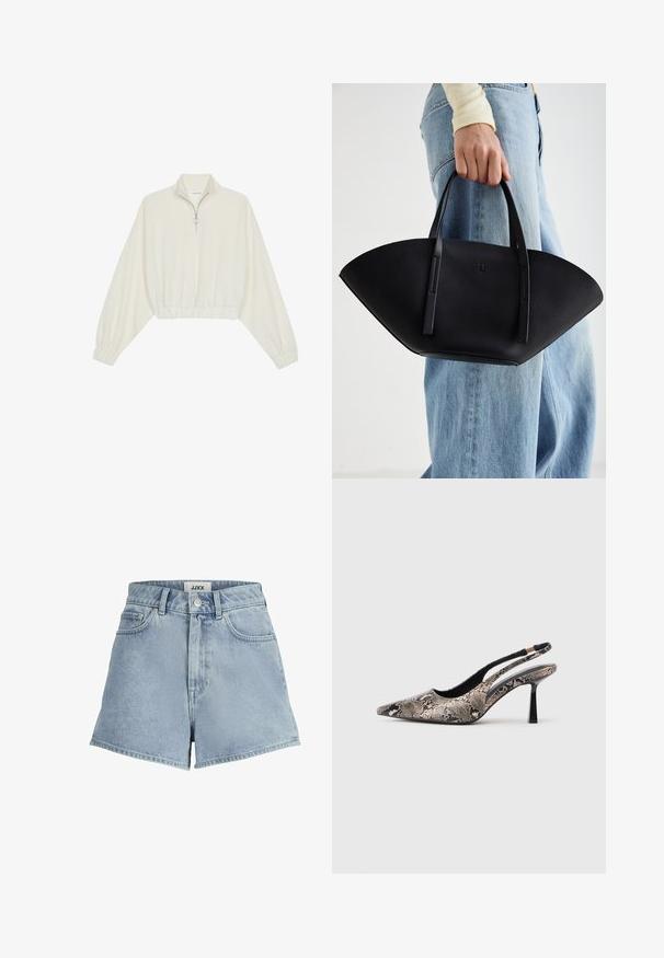 Pullover curto em tecido creme, apresentando um colarinho alto, fecho de meio zíper, bainha e punhos elásticos, com uma textura suave e design minimalista.; Calças de ganga curtas em azul claro, com uma cintura alta, design de cinco bolsos e fecho frontal por botão. Textura suave com um corte clássico.; Sapatos slingback de bico fino feitos de material texturizado com padrão de cobra, apresentando um salto preto esguio e um design recortado nas laterais.; Bolsa de mão em couro preto com uma forma única em leque, apresentando alças planas. A superfície tem uma textura pebble e um design minimalista.