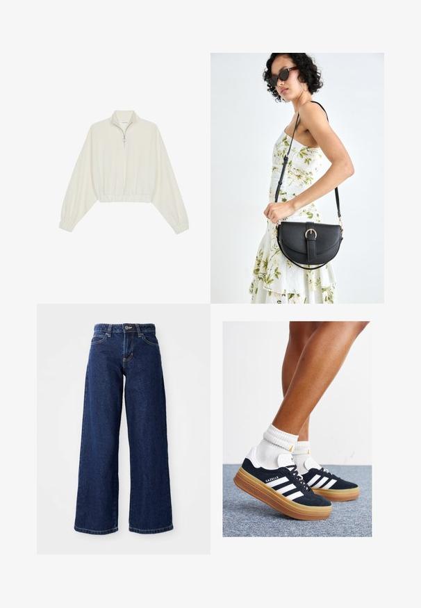 Kreemfarbenest lühikese varrukaga kudum, millel on kõrge kaelus, pool tõmblukk, elastne allosa ja varrukad, sile tekstuur ja minimaalne disain.; Tumed sinised laiad teksad, mis on valmistatud denimist, millel on nööp ja tõmblukk, vöö-öösid ja klassikaline viie tasku disain.; Mustad seemisnahast tossud valgete triipude ja detailidega, ümarate varbassosadega, kummist välistallaga, paaritatud valgete soonikuliste meessokkidega.; Mustmust mustraha kõverate joontega, eemaldatava rihmaga ja kuldsete detailidega. Kotil on klapp, millel on pandladetail.