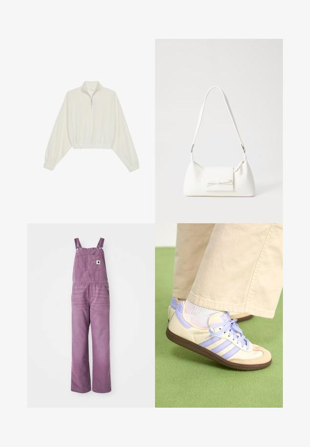 Sudadera cropped en tejido crema, con cuello alto, cierre de media cremallera, dobladillo y puños elásticos, con una textura suave y un diseño minimalista.; Peto de mezclilla morado con tirantes ajustables, bolsillo frontal y perneras anchas. El material muestra una ligera textura; el herraje cuenta con clips de metal plateado.; Zapatillas de crema y lavanda con tres rayas y una suela marrón texturizada, que cuentan con cordones y un talón acolchado. Parte superior de tela suave.; Bolso sintético blanco con forma triangular, tapa frontal plana y detalle de lazo, correa ajustable, textura suave y diseño minimalista.
