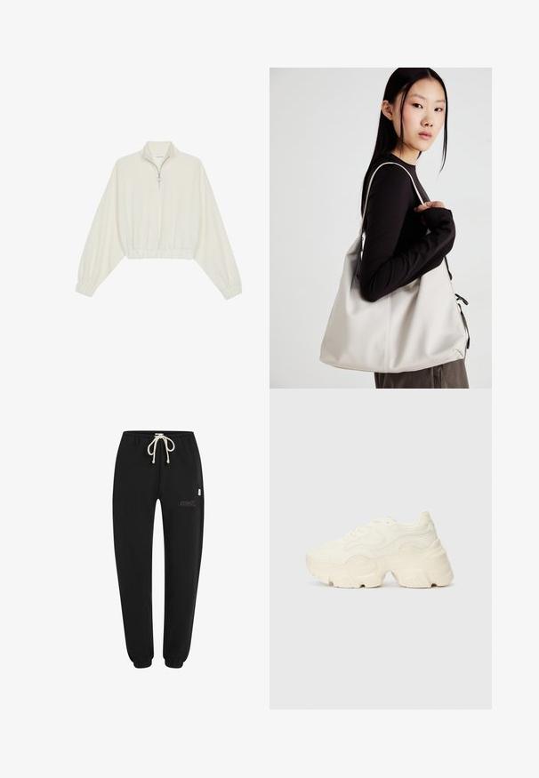 Kreptais pusītes džemperis krēmkrāsā, ar augstu apkakli, puszipa aizdari, elastīgu apakšmalu un aprocēm, ar gludu tekstūru un minimālistisku dizainu.; Melnas sporta bikses no mīkstas auduma, ar elastīgu jostu un auklu, elastīgiem piedurkņu galiem un mazu izšūtu logotipa detaļu.; Masīvi balti sportisti, kas izgatavoti no strukturēta sieta un sintētiskajiem materiāliem, ar biezu zoli un sarežģītām rakstu detaļām gar sāniem.; Bežs rokassoma, izgatavota no mīksta materiāla, ar brīvu dizainu, izšūtu apdari un divām plecu siksnām. Piemērota ikdienas lietošanai.