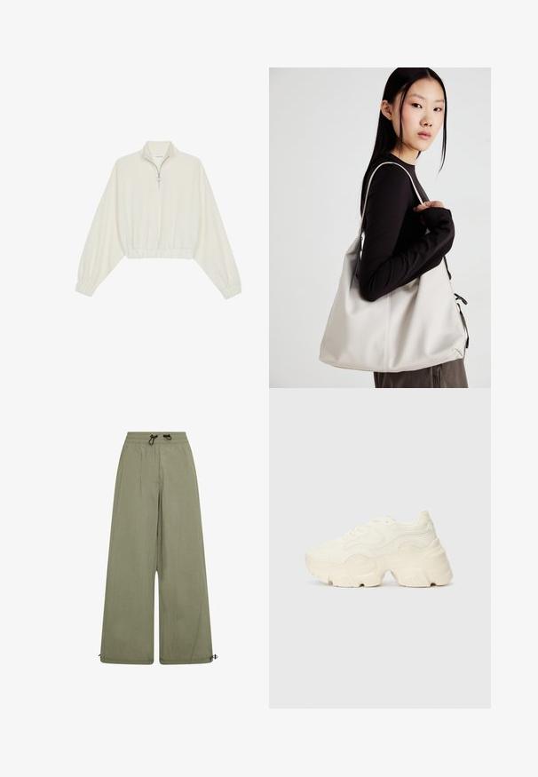 Kratka pulover v kremnem blagu, z visokim ovratnikom, pol-zadrgo, elastičnim robom in manšetami, z gladko teksturo in minimalističnim oblikovanjem.; Svetlo olivno zelene široke hlače izdelane iz mehkega blaga, z elastičnim pasom in vrvico ter nastavljivimi povezavami okoli gležnjev.; Debele bele športne copate, izdelane iz teksturirane mrežaste in sintetične materialov, z debelim podplatom in zapletenimi vzorčičnimi detajli ob straneh.; Bežna torbica iz mehkega materiala, z ohlapno zasnovo, šivi in dvema naramnicama. Primerna za vsakodnevno uporabo.