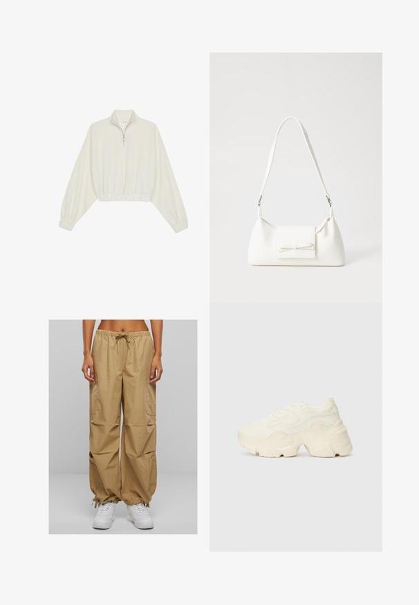 Krém színű, rövidített pulóver, magas gallérral, félig cipzáros záródással, elasztikus derék- és ujjakrésszel, sima textúrával és minimalista dizájnnal.; Beige cargo nadrág elasztikus derékkal, húzózsinórral és oldalsó zsebekkel. Ráncolt mandzsettákkal és könnyű, sima anyagból készült.; Tömbös fehér sneakers, amely texturált hálóból és szintetikus anyagokból készült, vastag talppal és bonyolult mintázattal az oldalakon.; Fehér szintetikus kézitáska, háromszög alakú, lapos előlap, masni részlettel, állítható pánttal, sima textúrával és minimalista dizájnnal.