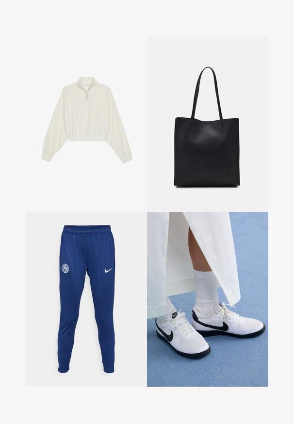 Pulover scurt din stofă crem, cu guler înalt, închidere cu fermoar pe jumătate, elastic la margini și la manșete, cu o textură netedă și un design minimalist.; Pantaloni sportivi de culoare albastru marin, confecționați dintr-un material neted. Prezintă un logo alb Nike și un emblema rotundă a echipei pe coapsa stângă. Talie elastică.; Adidași albi Nike cu accente negre, având un brâu din piele netedă, șireturi albe și tălpi din cauciuc rezistent, asortați cu șosete albe cu dungi.; Geantă tote neagră din piele, cu textură netedă, formă rectangulară și două mânere lungi. Fără hardware vizibil sau ornamente.
