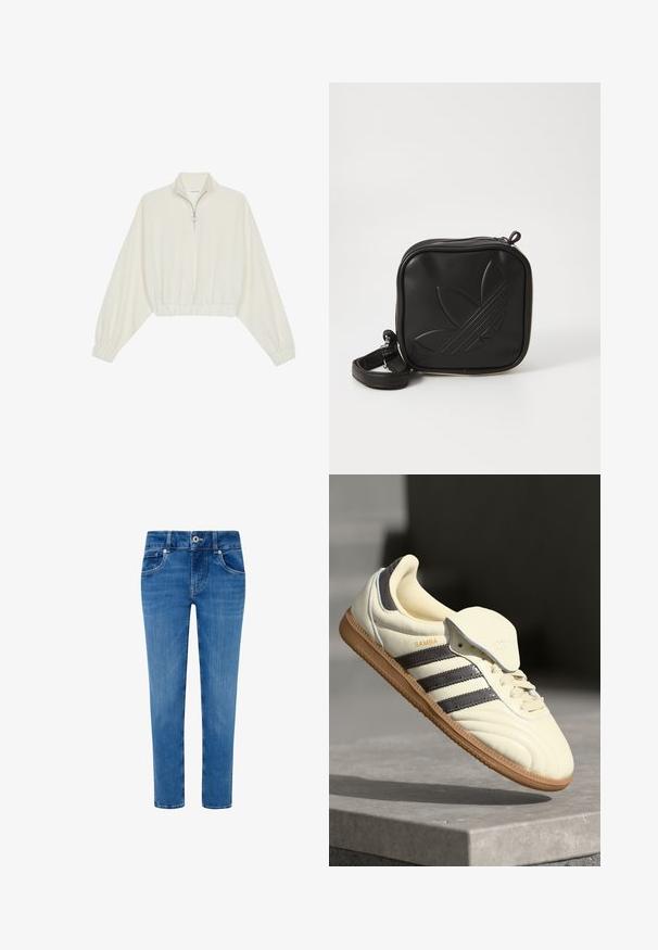 Sudadera cropped en tejido crema, con cuello alto, cierre de media cremallera, dobladillo y puños elásticos, con una textura suave y un diseño minimalista.; Jeans de mezclilla azul con un diseño ajustado, cinco bolsillos y un corte recto. Cuenta con un cierre de botón y cremallera en la cintura.; Zapatilla de cuero crema con tres rayas oscuras, suela de goma marrón y punta redondeada. Cuenta con una lengüeta plegable etiquetada como "SAMBA".; Bolso cruzado negro hecho de material sintético texturizado. Presenta un diseño de logo en relieve y correa ajustable. Cierre con cremallera.