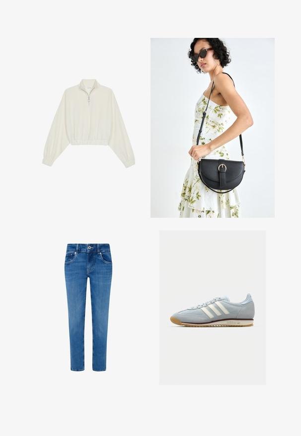 Pullover curto em tecido creme, apresentando um colarinho alto, fecho de meio zíper, bainha e punhos elásticos, com uma textura suave e design minimalista.; Jeans de denim azul com um design ajustado, cinco bolsos e corte reto. Apresenta um fecho por botão e zíper na cintura.; Sneakers de camurça azul claro com três riscas brancas, sola de borracha e malha texturizada. Apresenta uma biqueira lisa e marca no calcanhar.; Bolsa de couro preta com forma curva, alça destacável e detalhes em dourado. A bolsa possui uma aba com detalhe de fivela.