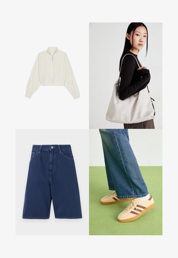 Krém színű, rövidített pulóver, magas gallérral, félig cipzáros záródással, elasztikus derék- és ujjakrésszel, sima textúrával és minimalista dizájnnal.; Tengerészkék farmer rövidnadrág, hagyományos öt zsebes kialakítással, övhurkokkal és elülső gombos záródással. Simább textúra, látható varrással.; Beige sportcipők textúrált krém színű panelek és barna csíkok részletezésével, kék farmernadrággal párosítva. A farmer széles szárú és rojtos szegéllyel rendelkezik.; Puha anyagból készült bézs kézitáska, laza dizájnnal, varrott részletekkel és két vállpánttal. Mindennapi használatra alkalmas.