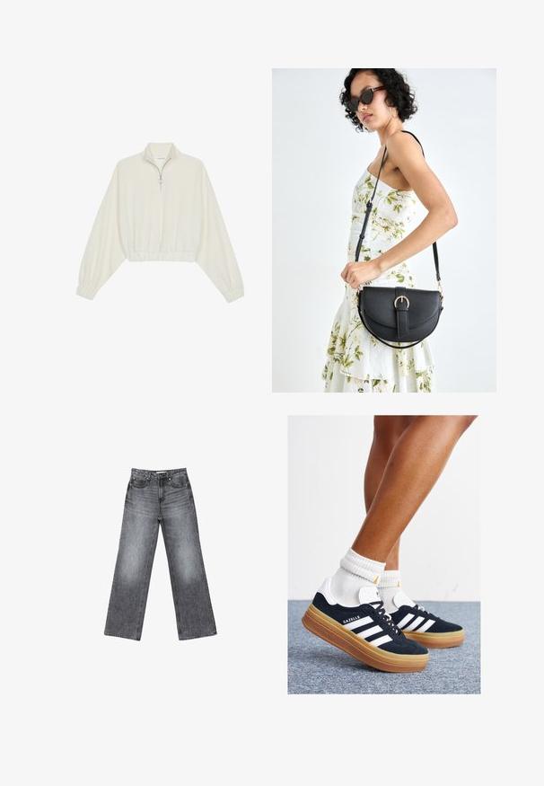 Skraćeni pulover od kremastog materijala, s visokim ovratnikom, zatvaranjem na polovicu munje, elastičnim rubom i manžetama, s glatkom teksturom i minimalnim dizajnom.; Kratke tamno sive traperice širokih nogavica s izblijedjelim završetkom, pet džepova, zatvaranjem na dugme i suptilnim detaljima šivanja uz šavove.; Crne tenisice od brušene kože s bijelim prugama i detaljima, okruglim vrhom, gumeni potplat boje gume, uparene s bijelim rebrastim čarapama.; Crna kožna torba s lukovitim oblikom, odvojivim remenom i zlatnim detaljima. Torba ima preklop s kopčom.