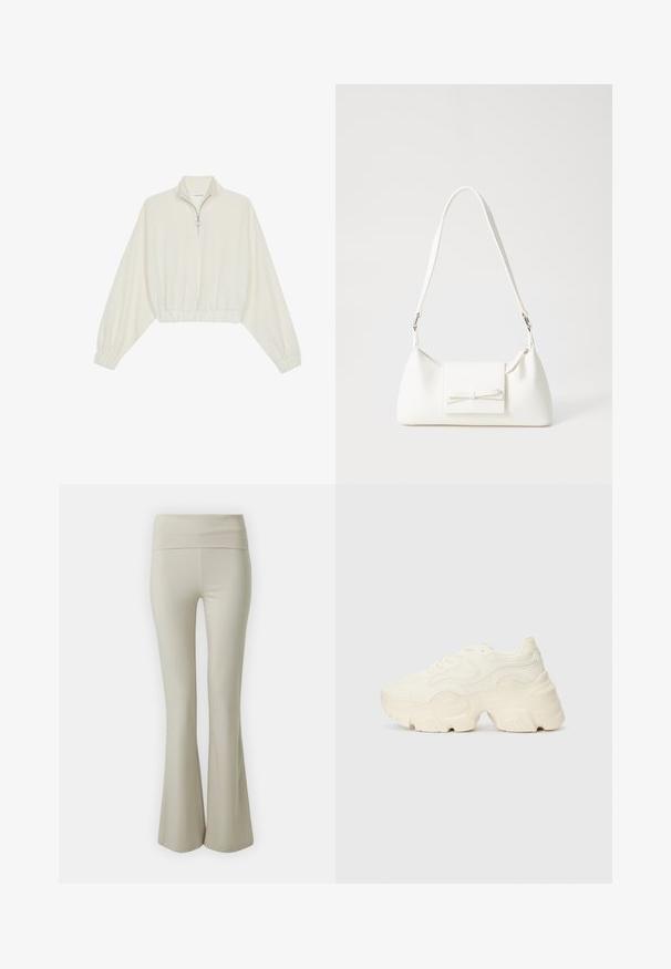 Kreminės spalvos trumpas megztinis, turintis aukštą apykaklę, pusiau užtrauktuką, elastinį apačią irRankovių kraštus, su lygiu paviršiumi ir minimalizuotu dizainu.; Smėlio spalvos platėjantys kelnes, pagamintos iš minkštos medžiagos, su plačiu, elastingu juosmeniu ir lygiu paviršiumi, kuris apačioje plečiasi.; Masyvios baltos sportbačiai, pagaminti iš tekstūruoto tinklelio ir sintetinių medžiagų, pasižymintys storu padu ir išsamiu raštų detalizavimu šonuose.; Balta sintetinė rankinė trikampio formos, plokščiu priekiu su užsegimu, kaspino detale, reguliuojama dirželiu, lygia tekstūra ir minimalistišku dizainu.