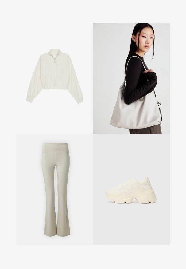 Kratka pulover v kremnem blagu, z visokim ovratnikom, pol-zadrgo, elastičnim robom in manšetami, z gladko teksturo in minimalističnim oblikovanjem.; Bež hlače s flared krojem, narejene iz mehke tkanine, z širokim elastičnim pasom in gladko teksturo, ki se na dnu široko razširijo.; Debele bele športne copate, izdelane iz teksturirane mrežaste in sintetične materialov, z debelim podplatom in zapletenimi vzorčičnimi detajli ob straneh.; Bežna torbica iz mehkega materiala, z ohlapno zasnovo, šivi in dvema naramnicama. Primerna za vsakodnevno uporabo.