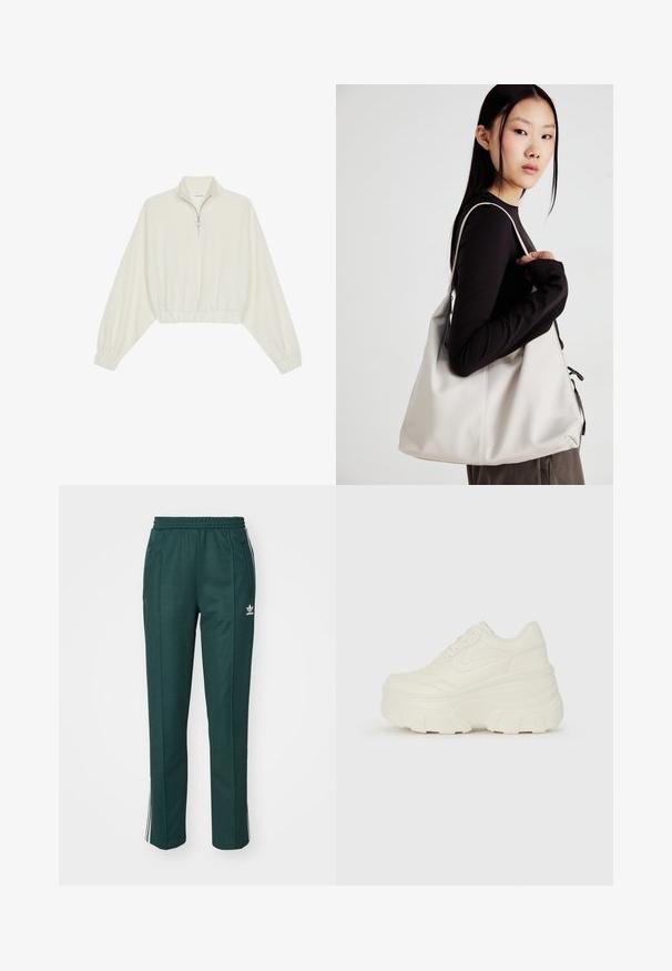 Pullover court en tissu crème, avec un col haut, fermeture éclair à mi-hauteur, ourlet et poignets élastiqués, offrant une texture lisse et un design minimaliste.; adidas Originals BECKENBAUER TP - Pantalon de survêtement - mineral green; Baskets plateformes blanches avec une tige en simili cuir lisse, une forme arrondie, un col rembourré et une semelle en caoutchouc texturé avec des crampons définis.; Sac à main beige en matériau souple, avec un design décontracté, des détails cousus et deux poignées. Idéal pour un usage quotidien.