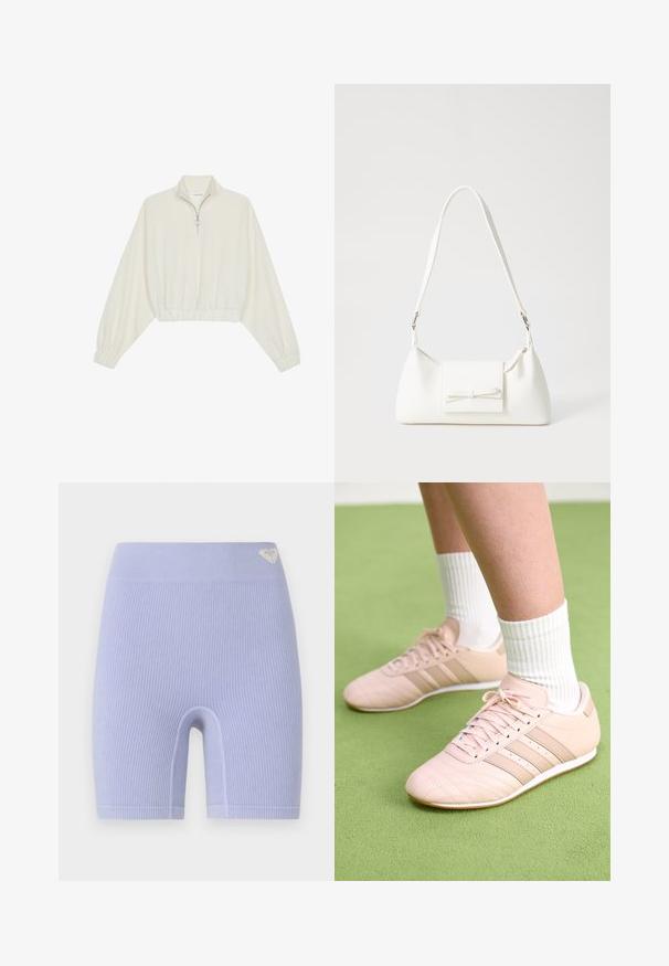 Sudadera cropped en tejido crema, con cuello alto, cierre de media cremallera, dobladillo y puños elásticos, con una textura suave y un diseño minimalista.; Pantalones cortos de biker de lavanda con textura ribeteada y una cintura alta. Presenta un pequeño logotipo en la parte superior izquierda. Diseño simple y ajustado.; Zapatillas deportivas rosa claro con costuras diagonales, suelas blancas y tres rayas laterales. Llevadas con calcetines blancos con canalé sobre una superficie verde.; Bolso sintético blanco con forma triangular, tapa frontal plana y detalle de lazo, correa ajustable, textura suave y diseño minimalista.