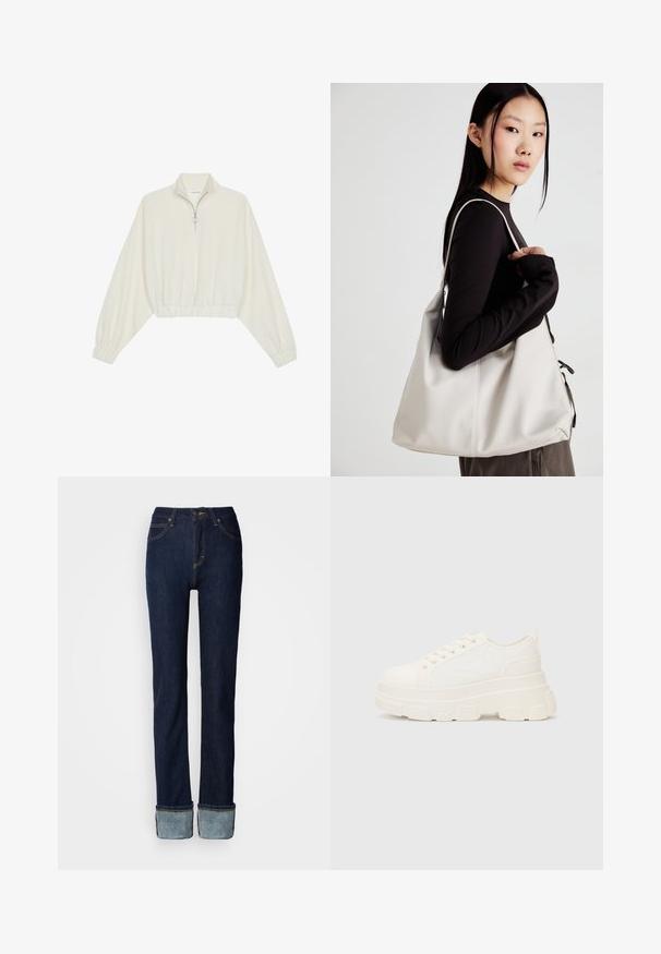 Pullover curto em tecido creme, apresentando um colarinho alto, fecho de meio zíper, bainha e punhos elásticos, com uma textura suave e design minimalista.; Calças de ganga azul escuro com design de perna reta, apresentando uma barra dobrada e costura contrastante. Cintura de meio-alto com fecho clássico de botão.; Sapatilhas brancas em lona com sola espessa, biqueira arredondada e cinco ilhós para atacadores. Laço traseiro para calçar facilmente. Textura suave, design minimalista.; Uma bolsa bege feita de material macio, com um design descontraído, detalhes de costura e duas alças para o ombro. Adequada para uso diário.