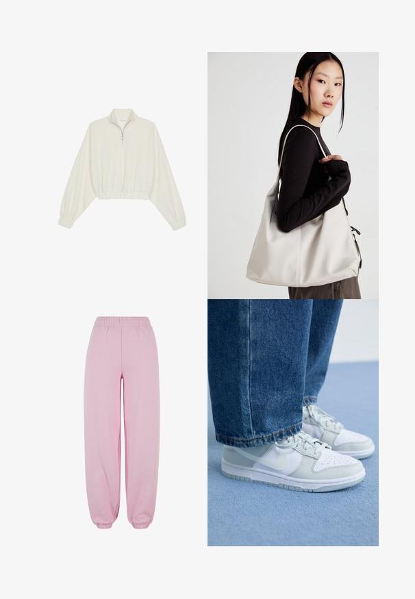 Zkrácený svetr z krémové látky, který má vysoký límec, poloviční zip, elastický spodní lem a manžety, hladkou texturu a minimalistický design.; Urban Classics FLUFFY - Teplákové kalhoty - softpink; Nike tenisky v bílé a světle šedé kůži s perforovanou špičkou, plochými tkaničkami a gumovou podrážkou, spárovány s modrými džíny.; Beige kabelka vyrobená z měkkého materiálu, s volným designem, prošívanými detaily a dvěma ramenními popruhy. Vhodná pro každodenní použití.