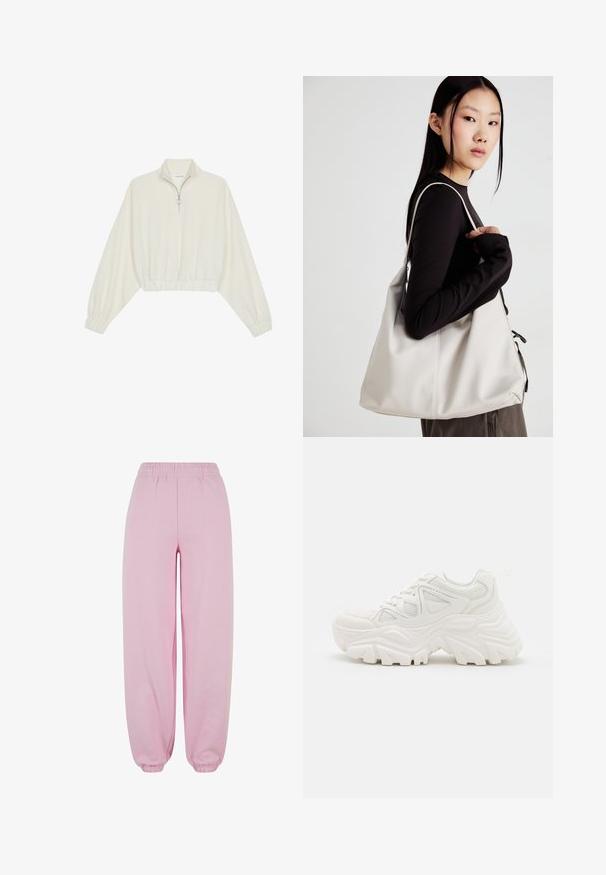 Geknipt pullover in crèmekleurige stof, met een hoge kraag, halve rits, elastische zoom en manchetten, met een soepele textuur en minimalistisch ontwerp.; Urban Classics FLUFFY - Trainingsbroek - softpink; Witte chunky sneakers met een textuur bovenwerk, meshpanelen en dikke rubberen zolen met een uitgesproken profiel. Inclusief veters en een aantreklip.; Beige handtas gemaakt van zacht materiaal, met een slonzig ontwerp, gestikte details en twee schouderbanden. Geschikt voor dagelijks gebruik.