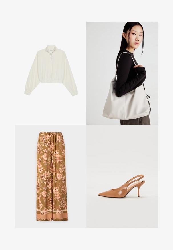 Zkrátený pulover z krémového materiálu, s vysokým golierom, polovičným zipsom, elastickým lemom a manžetami, s hladkou textúrou a minimalistickým dizajnom.; Kvetinové široké nohavice v olivovej zelenej farbe s ružovými a krémovými vzormi kvetov. Obsahujú elastický pás a kontrastný lem.; Sandal s úzkym podpätkom a špicatou špičkou v hladkej lesklej hnedej materiáli. Obsahuje zakrivený výrez a štíhly ihlový podpätok. Strieborný prackový detail.; Béžová kabelka vyrobená z mäkkého materiálu, s uvoľneným dizajnom, prišitými detailmi a dvoma popruhmi na nosenie na pleciach. Vhodná na každodenné nosenie.