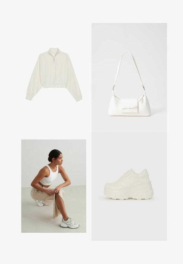 Kratka pulover v kremnem blagu, z visokim ovratnikom, pol-zadrgo, elastičnim robom in manšetami, z gladko teksturo in minimalističnim oblikovanjem.; Bela rebrasta kratka majica, bež kratak krilo s dugmadima i bočnim prorezom, bele patike s crnim i srebrnim naglascima, sjedi na svijetloj pozadini.; Bele platformske tene z belim zgornjim delom, ki spominja na usnje, okroglo obliko, oblazinjen ovratnik ter gumo z teksturo na podplatu z izrazitimi profili.; Bela sintetična torbica v obliki trikotnika, z ravnim sprednjim poklopcem in detajlom mašne, nastavljivim trakom, gladko teksturo in minimalističnim dizajnom.