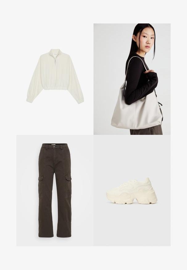 Cropped pullover in cream fabric, featuring a high collar, half-zip closure, elasticated hem and cuffs, with a smooth texture and minimal design.; Dark brown cargo pants with straight legs, two side pockets, visible stitching, and a front button closure. Made from durable fabric.; Chunky white sneakers made of textured mesh and synthetic materials, featuring a thick sole and intricate pattern details along the sides.; Beige handbag made of soft material, featuring a slouchy design, stitched detailing, and two shoulder straps. Suitable for everyday use.
