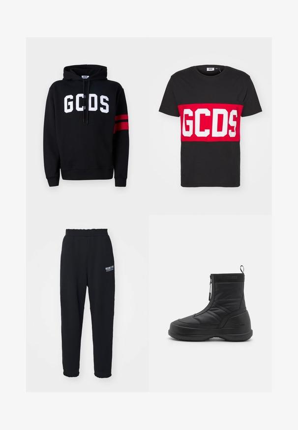 Must musta, millel on ees valge "GCDS" logo ja vasakul varrukal kaks punast triipu. Reguleeritav nööriga kapuuts.; GCDS BAND LOGO REGULAR - Trükipildiga T-särk - black; Mustad mustad, pehmest kangast, millel on venitatav vöökoht, kitsenevad sääred ja väike valge logo vasakul küljel.; Mustam veekindel talveking, millel on siledast sünteetilisest materjalist ülemine osa, tõmbluku sulgemine, pehmendatud kaelus ja tekstuuriga kummitald. Rõhutatud "MOON BOOT" brändingu kaudu.