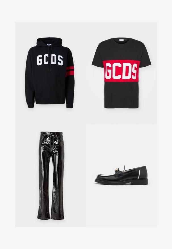 Must musta, millel on ees valge "GCDS" logo ja vasakul varrukal kaks punast triipu. Reguleeritav nööriga kapuuts.; GCDS BAND LOGO REGULAR - Trükipildiga T-särk - black; Mustad, kõrge talje ja lõtvade säärtega püksid, mis on valmistatud läikivast vinüülmaterjalist, ees on taskud, lukuga sulgemine ja nähtavad õmblused.; Must have must kastanaga sääniga, valgete aktsentide ja kuldsete detailidega. Omab tekstuuriga paika ja kuhjatud kontsa.