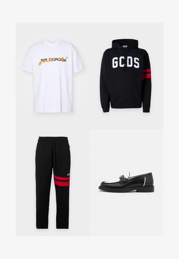 Črna kapuca iz bombaža s belim logotipom "GCDS" na sprednji strani in dvema rdečima črtama na levem rokavu. Nastavljiva kapuca z vrvico.; Bela bombažna majica s kratkimi rokavi, na kateri je v bold črni in oranžni barvi napis "THE KOOKS? WHAT IS?". Enostaven dizajn.; Črne trenirke s kontrastnimi rdečimi črtami in logotipom na strani. Imajo elastičen pas z vrvico in zožene manšete pri gležnjih.; Črne usnjene loafer čevlje z zaobljenim prstom, belimi detajli in zlatim okovjem na vampu. Imajo teksturiran del in zložen peto.
