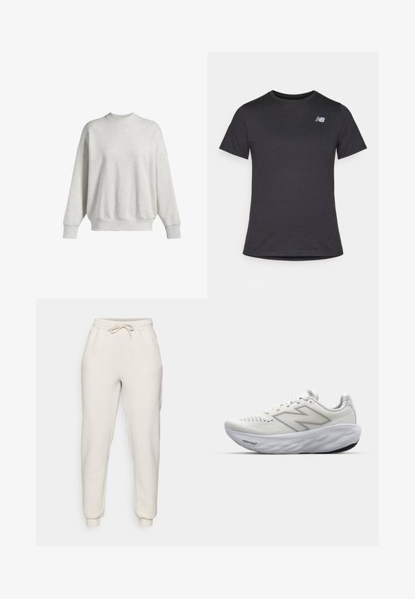 Lichtgrijze sweatshirt gemaakt van zacht katoenmix, met een ronde hals, verlaagde schouders, ribgebreide manchetten en een klein logo op de borst.; Zwarte korte mouwen t-shirt van zacht materiaal, met een klein grijs New Balance-logo op de bovenste linkerborst, klassieke ronde hals ontwerp.; Lichtbeige sweatpants van zachte stof, met een elastische tailleband met trekkoord, zijzakken en taps toelopende boorden bij de enkels.; Witte sportschoenen met een bovenwerk van mesh, voorzien van een gevoerde kraag, een gestructureerde zool en de merknaam "Fresh Foam" op de tussenzool.