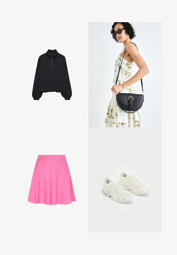 Maglione nero a collo alto con zip anteriore a metà, maniche oversize e texture morbida. Presenta un colletto e orlo a coste. Design minimalista.; Gonna rosa a maglia con fascia in vita aderente e design svasato, realizzata in un tessuto morbido che conferisce una consistenza liscia.; Scarpe sportive bianche realizzate in materiali sintetici e in rete, con lacci, colletto imbottito e suola testurizzata per migliorare la grip. Costruzione leggera.; Borsa a tracolla nera in pelle con una forma curva, manico rimovibile e accessori dorati. La borsa presenta una patta con un dettaglio a fibbia.