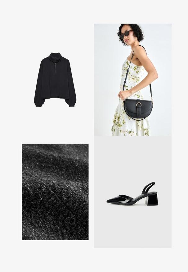 Črn pulover s polo zadrgo, prevelikimi rokavi in nežno teksturo. Ima rebrovan ovratnik in rob. Minimalističen dizajn.; Črna teksturirana tkanina z vtkano svetlejšimi fleki, ki prikazuje mehak, tkan izgled in subtilen, raznolik vzorec.; Črne lakirane slingback pete s koničastim nosom in geometrijsko blokasto peto. Imajo eleganten, minimalističen dizajn in gladko teksturo.; Črna usnjena torbica s ukrivljeno obliko, z odstranljivo naramnico in zlatimi dodatki. Torbica ima pokrov s podrobnostmi v obliki zaponke.