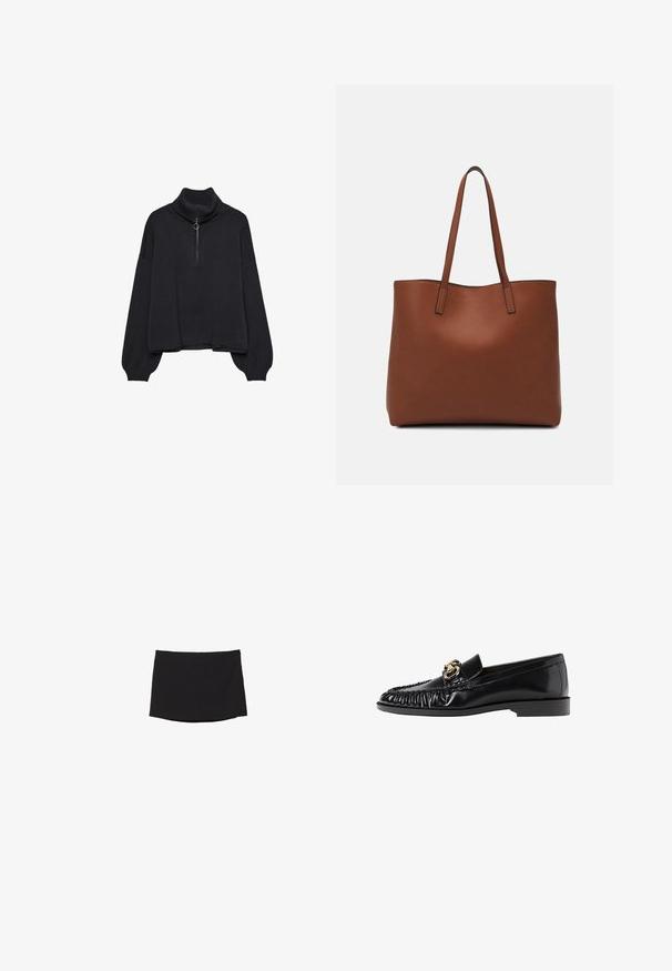 Zwarte coltrui met een halve rits aan de voorkant, oversized mouwen en een zachte textuur. Beschikt over een geribde kraag en zoom. Minimalistisch ontwerp.; Zwarte minirok van soepel, rekbaar materiaal; heeft een rechte snit met een subtiele zoom en geen zichtbare sluitingen of patronen.; Zwarte lederen instapper met een ronde neus, geplooide textuur en gouden hardware-accent. Platte hak en een gladde afwerking overal.; Bruine leren tote bag met een gladde textuur, een ontwerp met een open bovenkant en twee schouderbanden. Kenmerkt zich door minimale stiksels en geen zichtbare hardware.