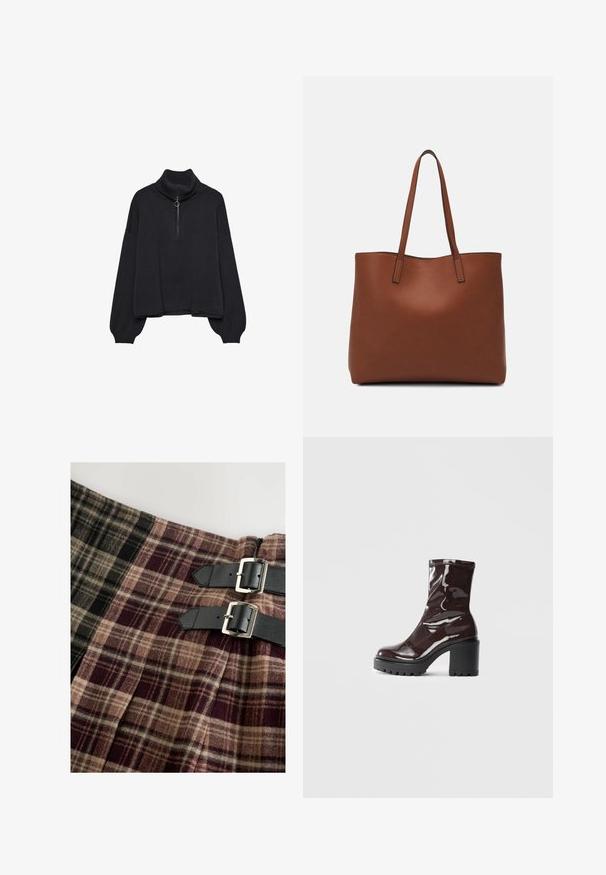 Pull à col roulé noir avec un zip demi-longueur à l'avant, manches surdimensionnées et texture douce. Il présente un col et un ourlet côtelés. Design minimaliste.; Jupe de style kilt en tissu tartan comportant des nuances de noir, beige et bordeaux. Comprend deux sangles en cuir noir avec des boucles en argent.; Bottines bordeaux brillantes à talon épais noir, avec une texture lisse et un design simple. Aucune fermeture visible ni motifs.; Sac fourre-tout en cuir marron avec une texture lisse, design à ouverture supérieure et deux poignées pour le porter à l'épaule. Présente des coutures minimales et aucun matériel visible.