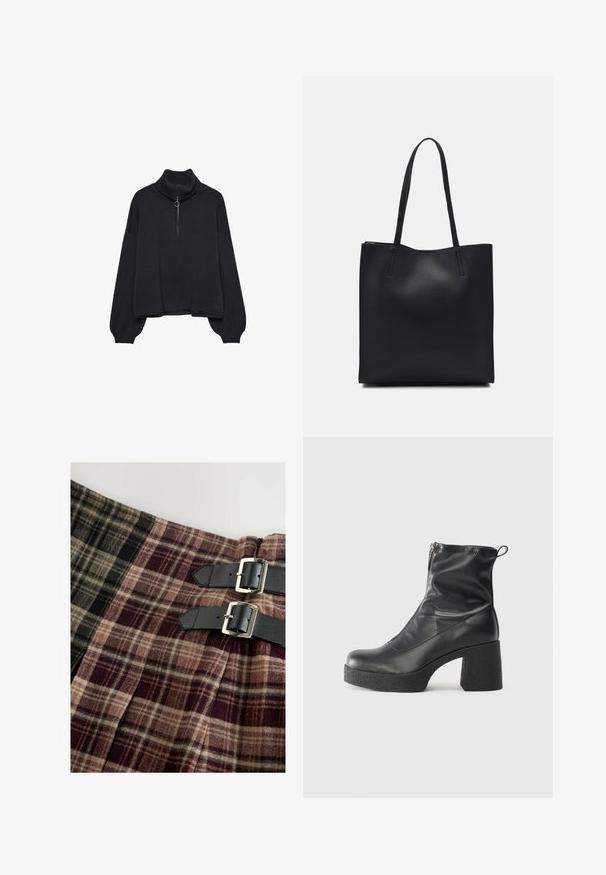 Schwarzer Rollkragenpullover mit einem halbseitigen Reißverschluss an der Vorderseite, übergroßen Ärmeln und weichem Material. Mit geripptem Kragen und Saum. Minimalistisches Design.; Kilt-artiger Rock aus karierter Stoff in Schwarz, Beige und Burgundy. Beinhaltet zwei schwarze Lederriemen mit silbernen Schnallen.; Schwarze Stiefeletten aus glattem Leder mit seitlichem Reißverschluss, klobigem strukturiertem Absatz und runder Zehenform.; Schwarze Laptoptasche aus Leder mit glatter Textur, rechteckiger Form und zwei langen Griffen. Keine sichtbaren Beschläge oder Verzierungen.