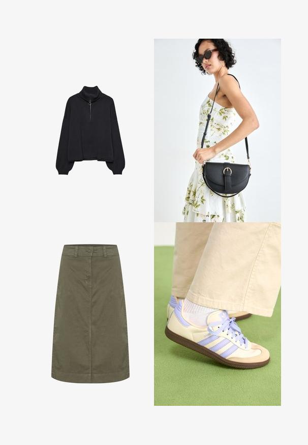 Pull à col roulé noir avec un zip demi-longueur à l'avant, manches surdimensionnées et texture douce. Il présente un col et un ourlet côtelés. Design minimaliste.; Jupe vert olive en coton, de forme droite, avec fermeture à boutons sur le devant et une texture lisse. Sans embellissements ni motifs.; Baskets crème et lavande avec trois bandes et une semelle marron texturée, dotées de lacets et d'un talon rembourré. Tige en tissu doux.; Sac à main en cuir noir avec une forme courbée, bandoulière amovible et des accessoires en or. Le sac est doté d'un rabat avec un détail de boucle.