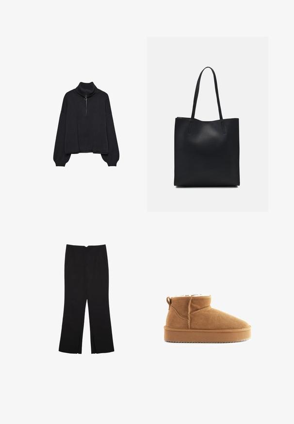 Čierny rolák s polovičným zipsom vpredu, s prehnanými rukávmi a jemným materiálom. Obsahuje rebrovaný golier a lem. Minimalistický dizajn.; Čierne nohavice so strihom rovného strihu, s prednými vreckami a bočnými rozparkami na leme. Vyrobené z mäkkej, hladkej tkaniny. Vhodné na rôzne príležitosti.; Hnedé semišové členkové topánky s mäkkou vnútornou podšívkou, okrúhlou špičkou a plochou gumovou podrážkou. Majú prešité švy a zadný naťahovací pásik.; Čierna kožená taška na rameno s hladkým povrchom, obdĺžnikovým tvarom a dvoma dlhými uchami. Bez viditeľného kovania alebo ozdôb.