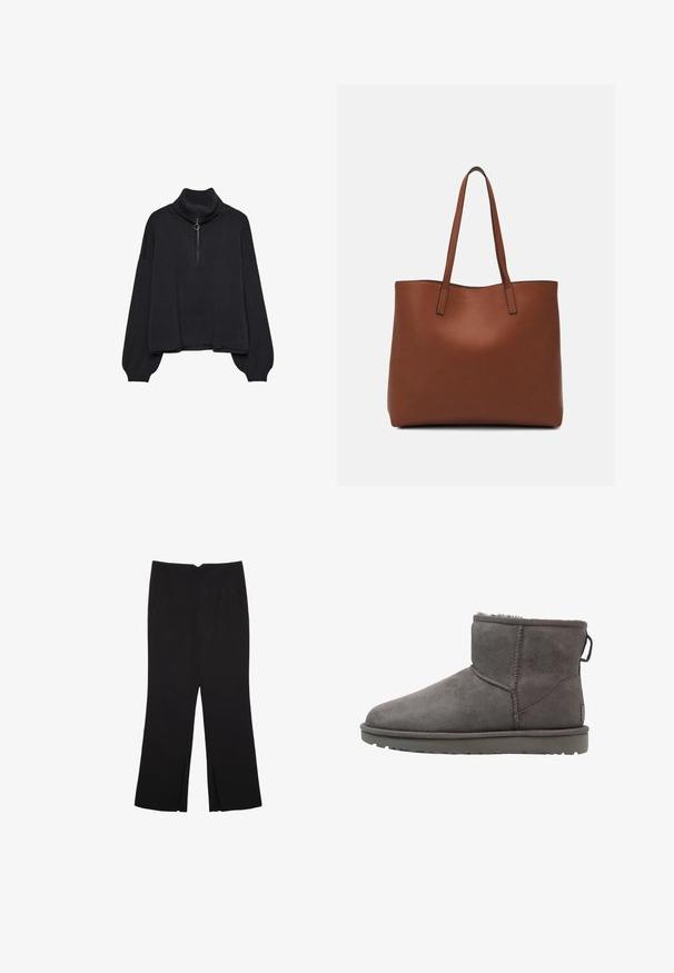 Schwarzer Rollkragenpullover mit einem halbseitigen Reißverschluss an der Vorderseite, übergroßen Ärmeln und weichem Material. Mit geripptem Kragen und Saum. Minimalistisches Design.; Schwarze Hose mit geradem Schnitt, ausgestattet mit Fronttaschen und Seitenschlitzen am Saum. Hergestellt aus weichem, glattem Stoff. Geeignet für verschiedene Anlässe.; Graue Wildleder-Ankle-Boots mit runder Spitze, Schaffellfutter und flacher Gummi-Sohle. Verfügt über ein Logo-Tag und gestickte Nähte.; Braune Leder-Tote mit glatter Textur, offenem Oberteil und zwei Schulterriemen. Verfügt über minimale Nähte und keine sichtbaren Beschläge.