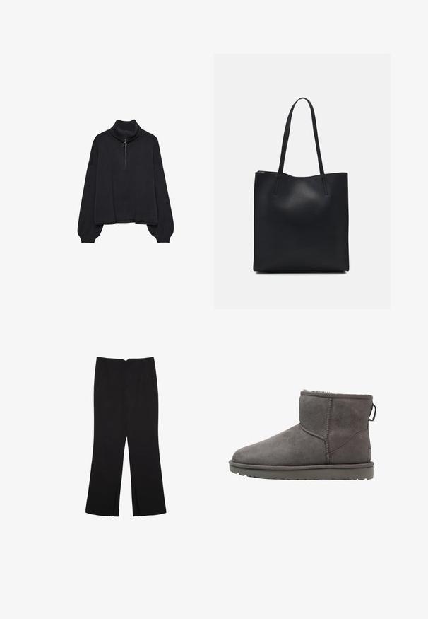 Crni pulover s visokim ovratom i polu-zipom sprijeda, oversized rukavima i mekanom teksturom. Ima rebrasti ovratnik i rub. Minimalistički dizajn.; Crne hlače ravnog kroja, s prednjim džepovima i bočnim prorezima na rubu. Izrađene od mekog i glatkog materijala. Pogodne za razne prigode.; Sive čizmice od nubuka do gležnja s okruglim vrhom, podstavljene jastučićem od ovčje vune i ravnim gumeni potplatom. Imaju oznaku s logotipom i šivane šavove.; Crna kožna torba za nošenje s glatkom teksturom, pravokutnim oblikom i dvije duge ručke. Nema vidljivih metalnih dijelova ili ukrasa.