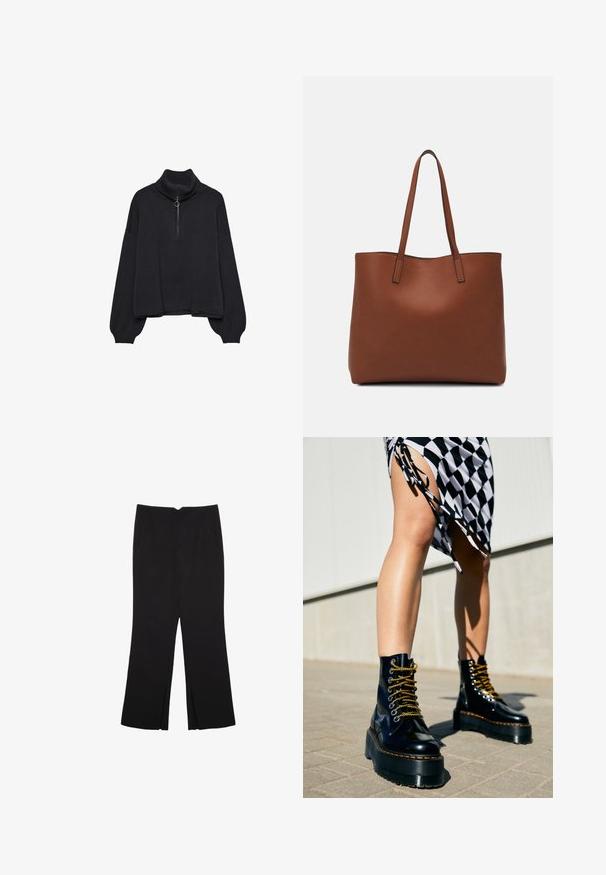 Črn pulover s polo zadrgo, prevelikimi rokavi in nežno teksturo. Ima rebrovan ovratnik in rob. Minimalističen dizajn.; Črne hlače ravnega kroja z naglavnimi žepi in stranskimi razporki na robu. Narejene iz mehke, gladke tkanine. Primerne za različne priložnosti.; Črne usnjene platform cipele s debelim podplatom, zlatimi vezalkami in oranžnim šivom, v kombinaciji s karirasto krilo, ki prikazuje stranski razporek.; Rjava usnjena torba z gladko teksturo, odprto zasnovo zgoraj in dvema naramnima trakovoma. Opremljena je z minimalnim šivanjem in brez vidnih kovinskih delov.