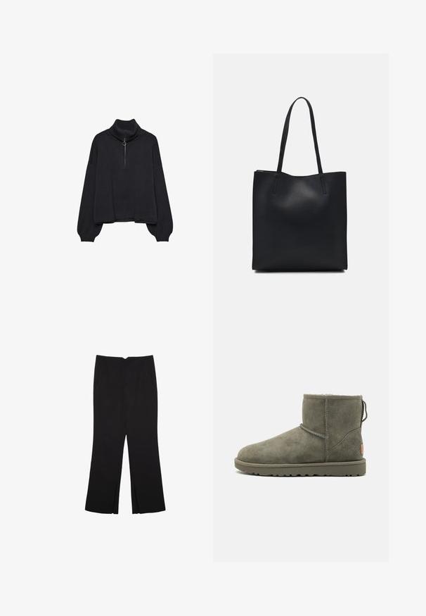 Musta poolkaulusneule, jossa on puoli-vetoketju edessä, ylikokoiset hihat ja pehmeä rakenne. Varustettu ribbauskauluksella ja helman ribbausreunalla. Minimalistinen muotoilu.; Mustat housut suoralinjaisella leikkauksella, joissa on etutaskut ja sivurei'ät helman alla. Valmistettu pehmeästä ja sileästä kankaasta. Sopii eri tilaisuuksiin.; UGG CLASSIC MINI II - Talvisaappaat - moss green; Mustapahkainen kangaskassi, jossa on sileä pinta, suorakaiteen muotoinen ja kaksi pitkää kahvaa. Ei näkyvää metalliosaa tai koristeita.
