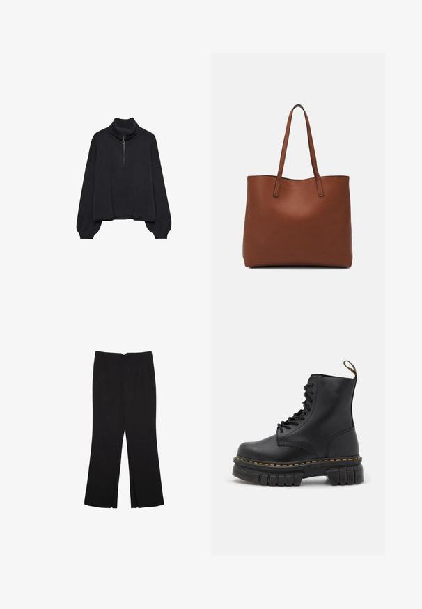 Sort højhalset sweater med halv lynlås foran, oversized ærmer og blød tekstur. Har ribbet krave og kant. Minimalistisk design.; Sorte bukser med lige pasform, der har frontlommer og slidser i kanten. Lavet af blødt, glat stof. Velegnet til forskellige anledninger.; Sort læder snørre støvle med en kraftig sål, gul syning, rund tå og en træksløjfe bagpå for nem påtagning.; Brun læder tote taske med en glat overflade, åben topdesign og to skulderremme. Har minimal syning og ingen synlig hardware.