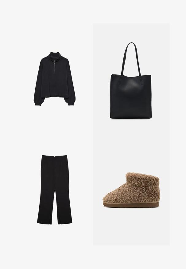 Musta poolkaulusneule, jossa on puoli-vetoketju edessä, ylikokoiset hihat ja pehmeä rakenne. Varustettu ribbauskauluksella ja helman ribbausreunalla. Minimalistinen muotoilu.; Mustat housut suoralinjaisella leikkauksella, joissa on etutaskut ja sivurei'ät helman alla. Valmistettu pehmeästä ja sileästä kankaasta. Sopii eri tilaisuuksiin.; Ruskeat pörröiset tossut, joissa on pehmeä, kiharainen rakenne, matala nilkkakorkeus ja pyöreä varvasmalli, sekä litteä, erottuva pohja.; Mustapahkainen kangaskassi, jossa on sileä pinta, suorakaiteen muotoinen ja kaksi pitkää kahvaa. Ei näkyvää metalliosaa tai koristeita.