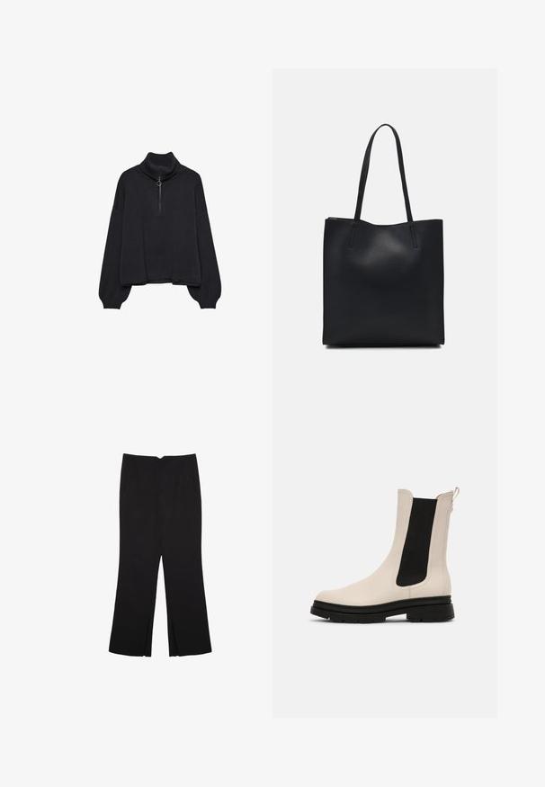 Black turtleneck sweater with a half-zip front, oversized sleeves, and soft texture. Features a ribbed collar and hem. Minimalist design.; Black trousers with a straight fit, featuring front pockets and side slits at the hem. Made of soft, smooth fabric. Suitable for various occasions.; Tamaris Boots - ivory/black; Black leather tote bag with smooth texture, rectangular shape, and two long handles. No visible hardware or embellishments.