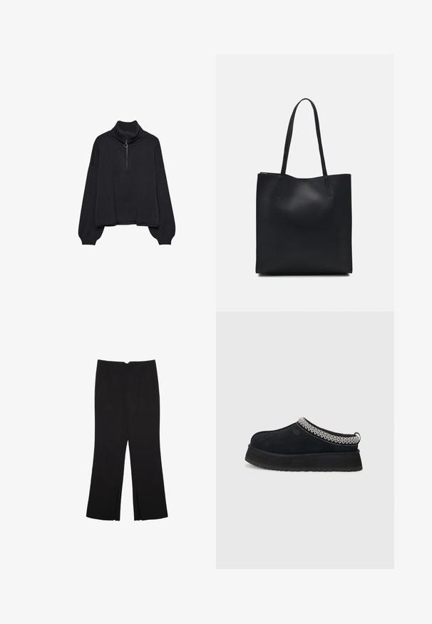 Maglione nero a collo alto con zip anteriore a metà, maniche oversize e texture morbida. Presenta un colletto e orlo a coste. Design minimalista.; Pantaloni neri a gamba dritta, con tasche frontali e spacchi laterali all'orlo. Realizzati in tessuto morbido e liscio. Adatti a diverse occasioni.; Scarpa slip-on in suede nero con suola spessa, caratterizzata da dettagli tessuti bianchi e neri nella parte del collo.; Borsa tote in pelle nera con texture liscia, forma rettangolare e due manici lunghi. Nessun hardware o decorazione visibile.
