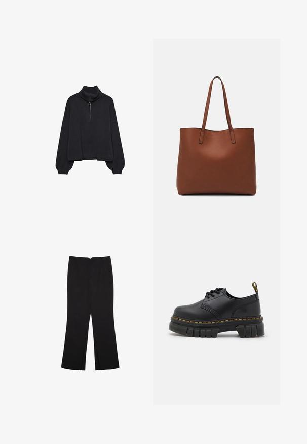 Černý rolák s polo zipem vpředu, přes oversized rukávy a jemnou texturou. Má žebrovaný límec a lem. Minimalistický design.; Černé kalhoty s rovným střihem, s předními kapsami a bočními rozparky na lemu. Vyrobené z jemné, hladké tkaniny. Vhodné na různé příležitosti.; Černé kožené boty s tlustou, texturovanou podrážkou. Vlastnosti zahrnují žluté švy, zaoblenou špičku a poutko na patě.; Hnědá kožená taška přes rameno s hladkou texturou, otevřeným designem a dvěma ramenními popruhy. Obsahuje minimální švy a žádné viditelné kovové prvky.