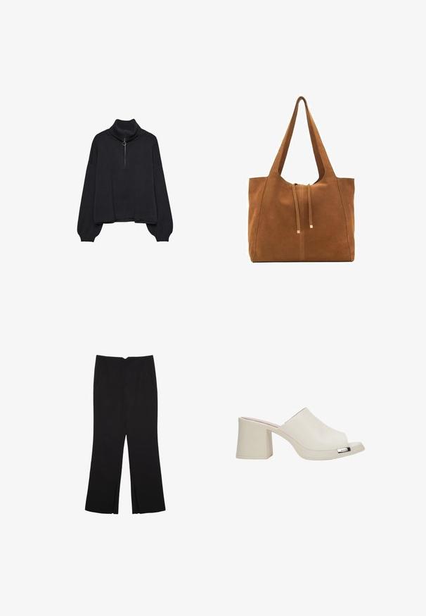Czarny sweter z golfem z połowy zipa, z przesztywnymi rękawami i miękką teksturą. Oferuje ribbowany kołnierz i dół. Minimalistyczny design.; Czarne spodnie o prostym kroju, z przednimi kieszeniami i bocznymi rozcięciami na dole. Wykonane z miękkiego, gładkiego materiału. Odpowiednie na różne okazje.; Beżowe mule z odkrytą palcą o błyszczącym wykończeniu, na słupkowym obcasie, z metalicznym akcentem; gładka faktura w minimalistycznym stylu.; Brązowa torba tote z zamszu z dwoma długimi paskami, zamknięciem na sznurek i minimalistycznym wzornictwem. Gładka tekstura i brak widocznych akcentów metalowych.