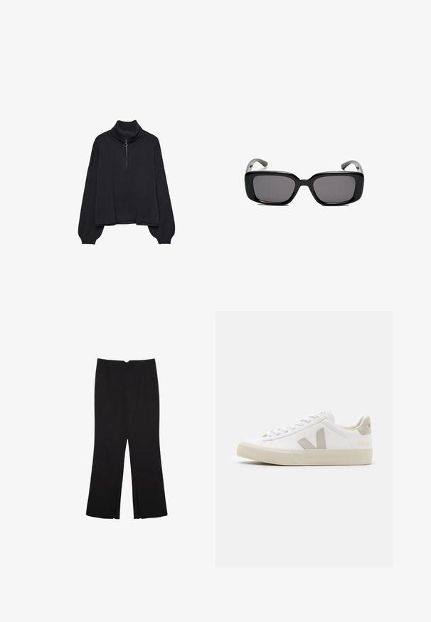 Svart polotröja med halvdragkedja framtill, överdimensionerade ärmar och mjuk textur. Har en ribbad krage och nederkant. Minimalistisk design.; Svarta byxor med rak passform, utrustade med framfickor och sidoklyvningar vid fållen. Tillverkade av mjukt, slätt tyg. Lämpliga för olika tillfällen.; Vita sneakers i läder med grå V-logga, texturerad gummisula, vita snören samt vadderad tunga och krage.; Svarta rektangulära solglasögon med mörka linser, slimmad plastbåge och böjda tempel. Designen är kraftig med en minimalistisk estetik.