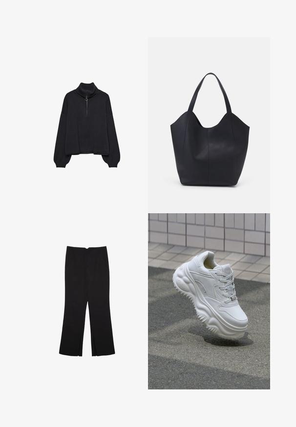 Black turtleneck sweater with a half-zip front, oversized sleeves, and soft texture. Features a ribbed collar and hem. Minimalist design.; Black trousers with a straight fit, featuring front pockets and side slits at the hem. Made of soft, smooth fabric. Suitable for various occasions.; White leather sneaker with a chunky sole, textured detailing, and lace-up closure. Features molded accents and a smooth finish.; Black tote bag made of smooth leather, featuring a curved, open top with two shoulder straps and a minimalist design.